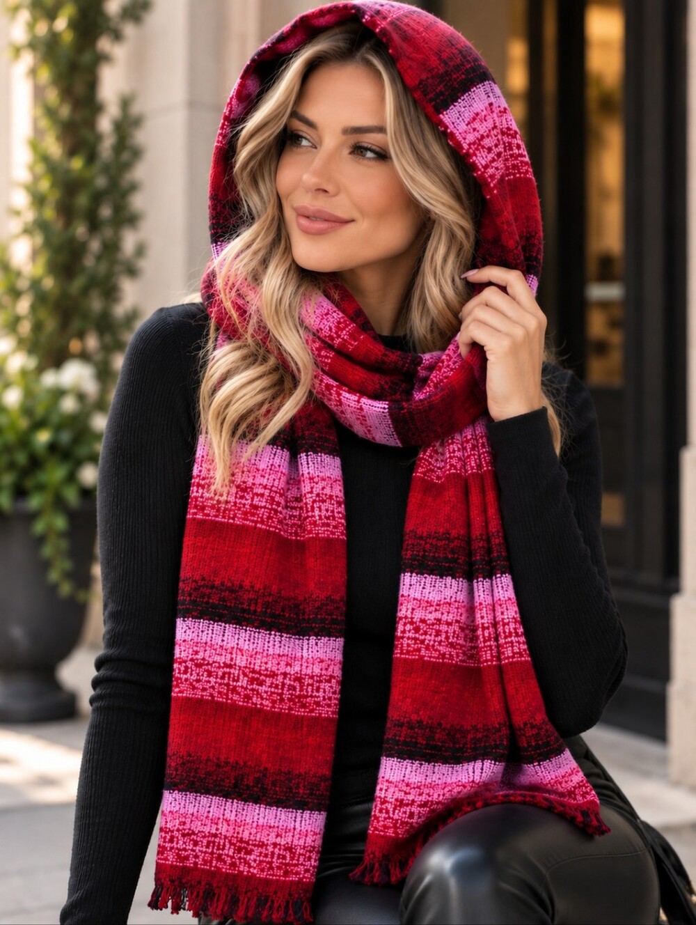 AQUA Ombre Red & Pink Striped  Knit Hooded Scarf Scoodie
